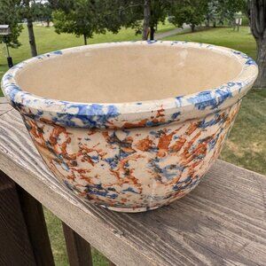 Vintage Paneled Stoneware Spongeware Mixing Bowl Blue Orange Glaze Rustic 7.5"